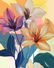 Colorful abstract line art illustration of digital flowers for textile prints