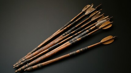 A group of arrows quivered together, with one arrow slightly drawn out, ready to be used.