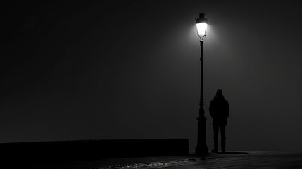 Fototapeta premium Black and White Dusk Portrait of a Person Under a Streetlamp, Light Casting a Solitary Shadow on Their Sad Face in Cinematic Aesthetic