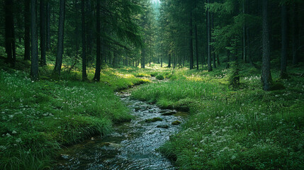Obraz premium Stream running through a forest meadow, surrounded by wild grasses and tall trees.