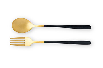 Two pieces of gold and black cutlery, one of which is a spoon