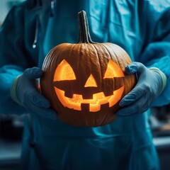 Person holds a carved Halloween pumpkin in a dimly lit room