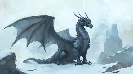 Fototapeta premium A majestic black dragon stands in a snowy landscape, showcasing powerful wings and bold features in a fantastical setting.