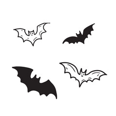 Flying bat collection in black silhouette and line art illustration isolated on white. Hand drawn vector sketch illustration in doodle engraved vintage line art style. Happy Halloween symbol