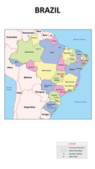 Naklejka premium Brazil Map. State and union territories of Brazil with neighbouring countries. Political map of Brazil with capital and important cities in Detailed.