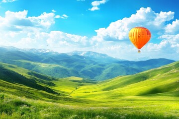Obraz premium Hot Air Balloon Ascending Over Lush Green Mountains