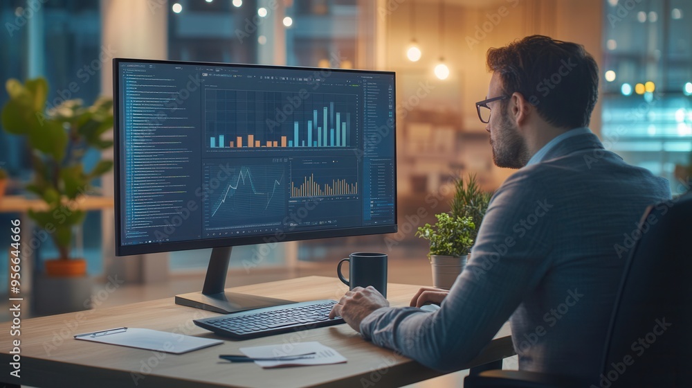 Poster an expert works diligently at a tidy desk, analyzing data on a large monitor while sipping coffee du