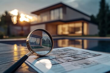 Magnifying Glass Inspecting Property Contract. House Surveying. 