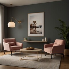 mockup frame  of a living room with a wall featuring three tables