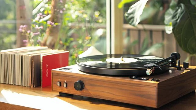 A vinyl record player with a stack of retro albums