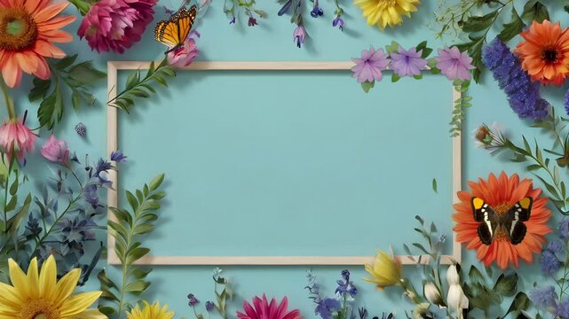 Wooden frame decorated with colorful flowers on a light blue background. Seamless 4K looping timelapse video animation background