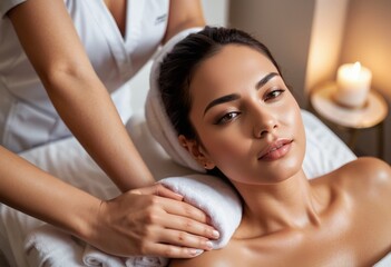 Fototapeta premium A woman enjoying a peaceful massage in a candle-lit spa, focusing on wellness and relaxation.