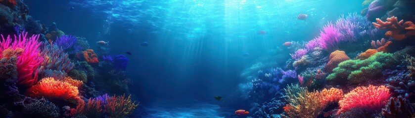 Glowing underwater coral reef scene, full of vibrant colors, marine glowtime, stunning and immersive