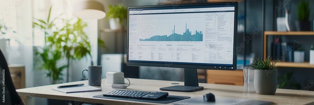 Poster an expert intently studies intricate data displayed on a large monitor while seated at a tidy desk w