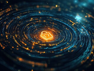 Abstract Digital Security Lock Icon with Glowing Lines and Particles.