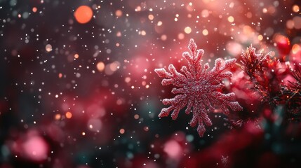 Red and green snowflakes gently falling on a tranquil Christmas night, offering space for text.