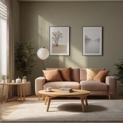 mockup frame  of a living room with a wall featuring three tables