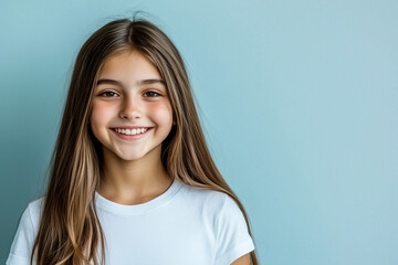 Fototapeta premium Youthful Determination and Joy: Gen Z Student Posing Casually Against a Neutral Blue Background