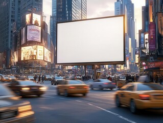 Blank billboard in Times Square, NYC with busy traffic and people.