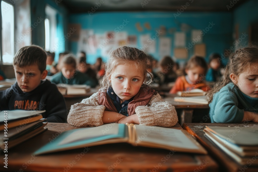 Aufkleber a group of students sit at desks filled with old books, showing signs of disengagement in a crowded 