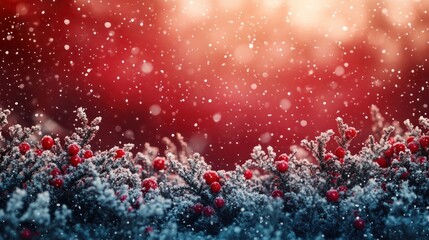 Red and green snowflakes gently falling on a tranquil Christmas night, offering space for text.