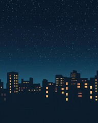 Naklejka premium Night Sky Cityscape with Stars and City Lights Silhouette Illustration.