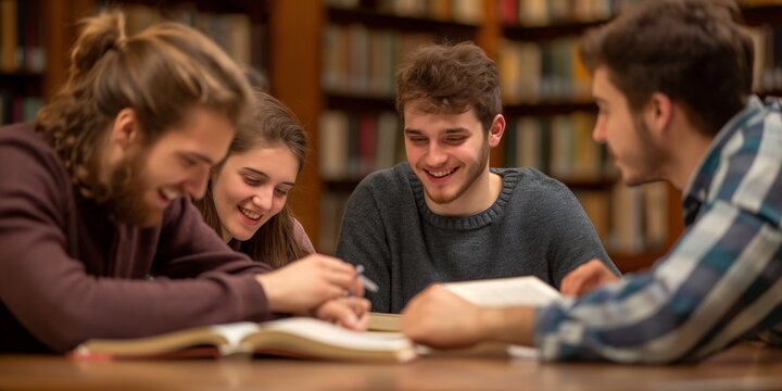A group of young friends engaging in a study session, surrounded by books and warm lighting in a cozy library, emphasizing friendship, learning, and collaboration.