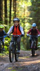 Naklejka premium Children Cycling in a Forest Trail
