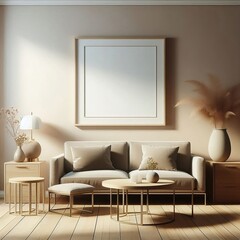 mockup frame  of a living room with a wall featuring three tables