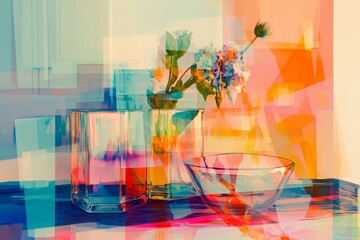 Abstract still life with glitch art effects, featuring vases and flowers with overlapping pastel colors and digital distortion for a modern, surreal aesthetic