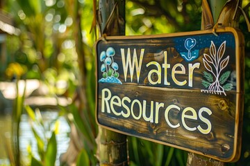 A charming sign displaying "Water Resources" in playful script font, located near a community board sharing local water conservation tips. 