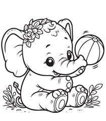 Happy elephant with flower on head children coloring page 