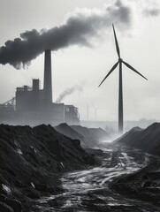 Fototapeta premium The landscape showcases wind turbines rising beside abandoned coal mines and old factories, highlighting a shift toward sustainable energy. Generative AI