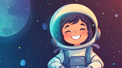Naklejka premium Happy little girl astronaut in space wearing helmet and astronaut suit, cartoon illustration. Kid cosmonaut, universe cosmos galaxy exploration adventure. 