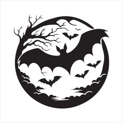 Silhouettes of bare tree branches and bats flying around