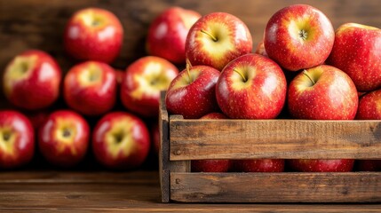 Fresh Red Apples in Wooden Crate for Storage and Preservation of Fruits on Rustic Wooden Background