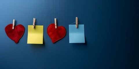 Two red heart shapes, a yellow note, and a blue note are clipped to a clothesline. The background is blue, and the arrangement is organized neatly.