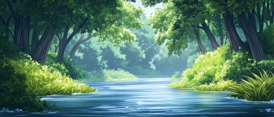 Fototapeta premium Serene River Flowing Through Lush Green Forest, Tranquil Nature Scene.