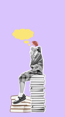 A girl is sitting on a stack of books with a thought bubble above her head