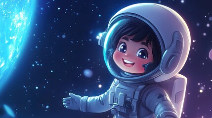Happy little girl astronaut in space wearing helmet and astronaut suit, cartoon illustration. Kid cosmonaut, universe cosmos galaxy exploration adventure. 
