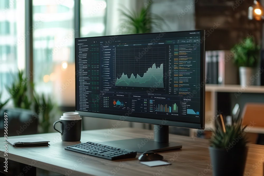 Aufkleber An expert is focused on analyzing complex data displayed on a large monitor in a tidy workspace, surrounded by plants and coffee. Generative AI