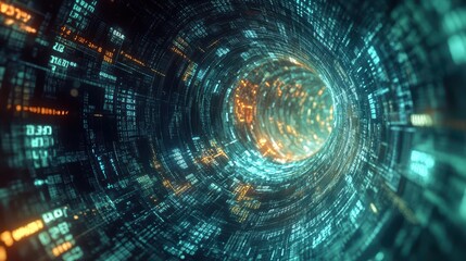 Abstract Digital Tunnel with Binary Code and Glowing Lights - Futuristic Technology Background.