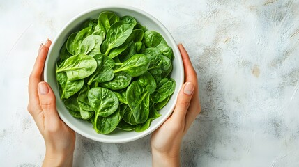 Fresh spinach leaves in white ceramic bowl, white marble countertop, hands holding bowl, vibrant green vegetables, healthy food photography, organic ingredients.