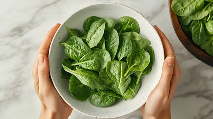 Fresh spinach leaves in white ceramic bowl, white marble countertop, hands holding bowl, vibrant green vegetables, healthy food photography, organic ingredients.