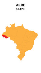 Obraz premium Acre Map is highlighted on the Brazil map with detailed state and region outlines.