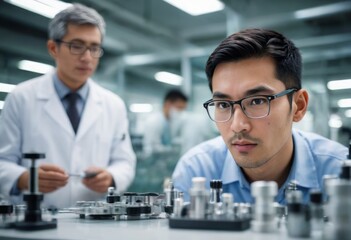 Fototapeta premium A group of scientists working with precision instruments in a modern laboratory, focused on detailed research and development.