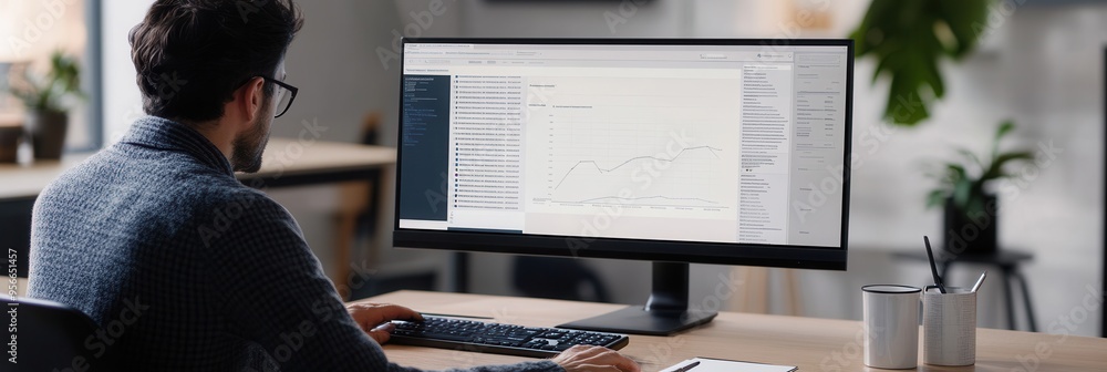 Poster an expert intensely analyzes data on a large monitor, surrounded by a neat desk setup with a keyboar