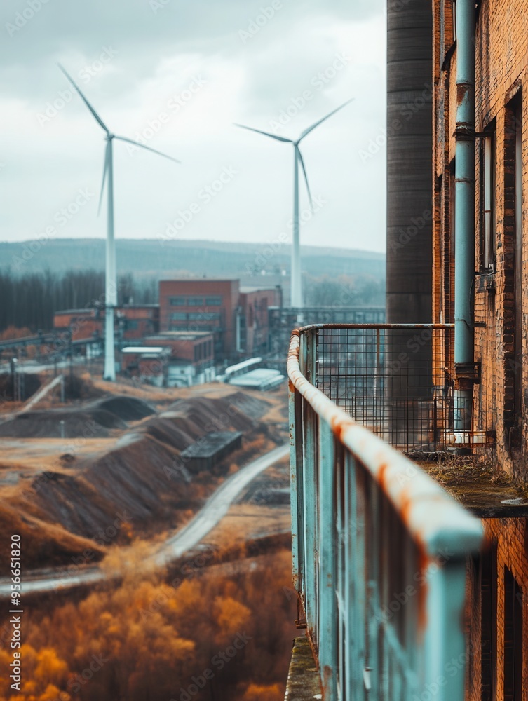 Aufkleber old factories and closed coal mines contrast with modern wind turbines, symbolizing the shift to sus
