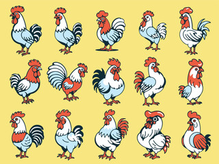 Colorful Rooster Cartoon Collection. Vintage Style Rooster Illustrations. Retro Farm Rooster Icons Set. Chicken Illustrations