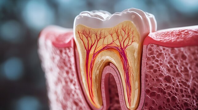 Cross-section of a Tooth Showing Dental Nerve: A detailed cross-sectional illustration of a tooth highlighting the dental nerve and surrounding tissues.